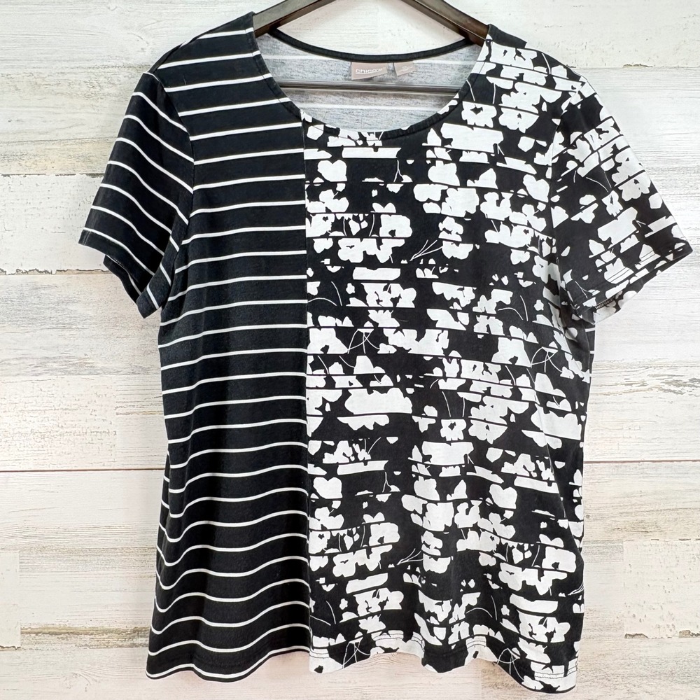 Chicos Mixed Print Striped Floral Short Sleeve Top Black White Size 2 Large